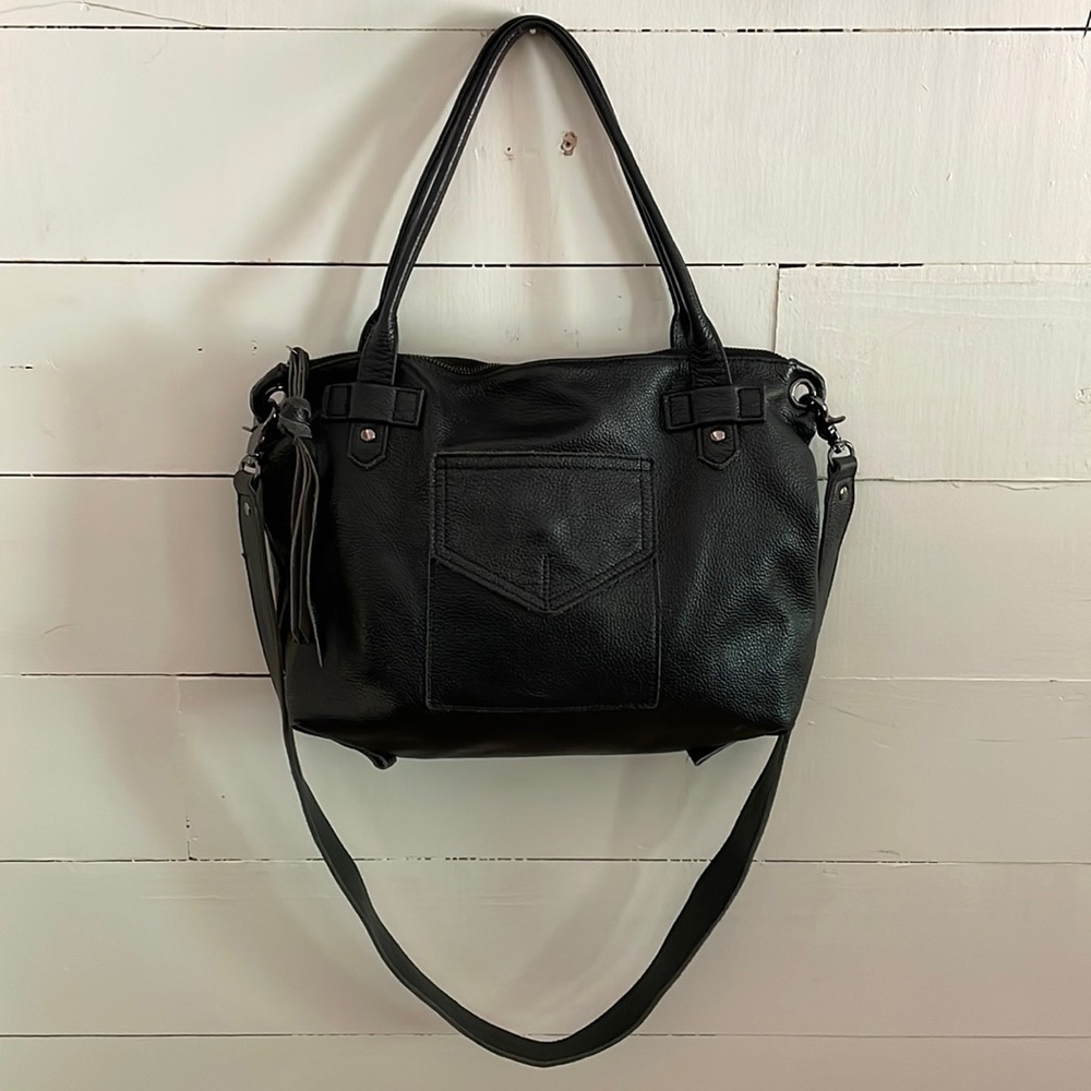 Allison Burns Black Leather Bag with Crossbody and Plaid Lining